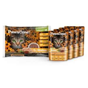Pawsome Katzen-Nassfutter Adult Huhn, 4er Pack, mit Katzenmotiv und Hühnchenstückchen.