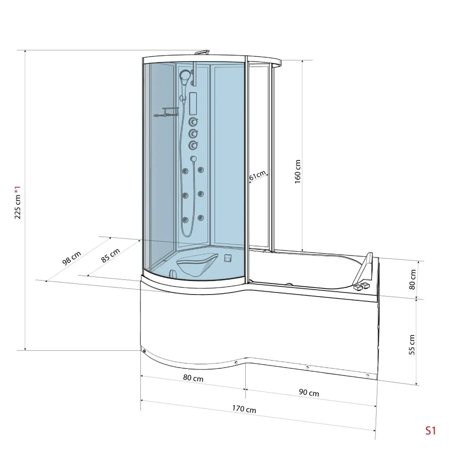 Skizze der AcquaVapore Kombi-Badewanne mit Dusche K50-R30, 100x170 cm, mit Maßangaben.