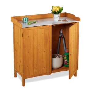 Relaxdays Pflanztisch mit Unterschrank Tannenholz Zinn Orange Mit Magnetverschluss 94 cm x 94 cm x 47 cm