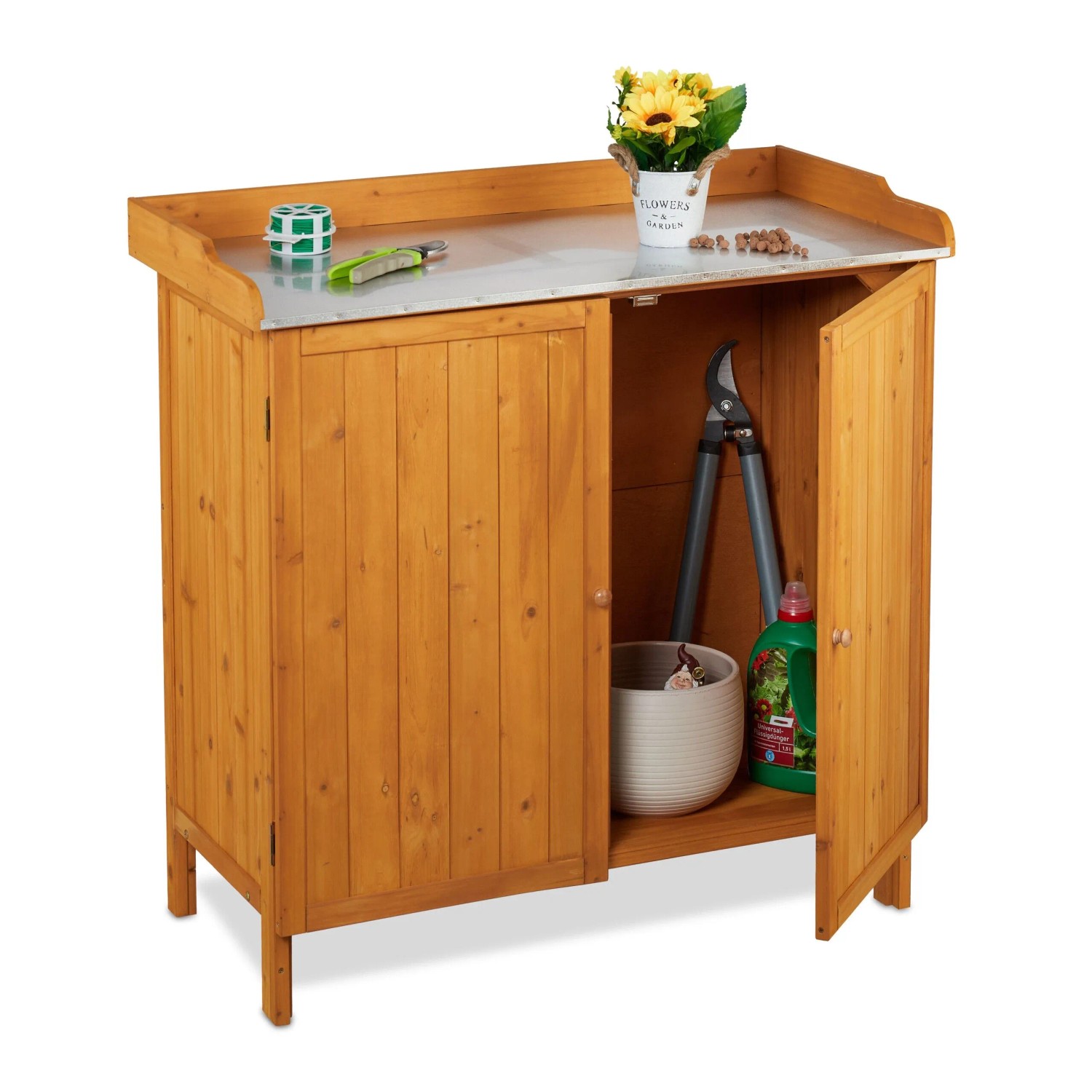 Relaxdays Pflanztisch mit Unterschrank Tannenholz Zinn Orange Mit Magnetverschluss 94 cm x 94 cm x 47 cm