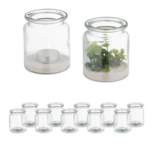 Relaxdays Windlicht 12er Set, transparent, 9,5x8cm. Teelichthalter aus Glas für stimmungsvolle Deko.