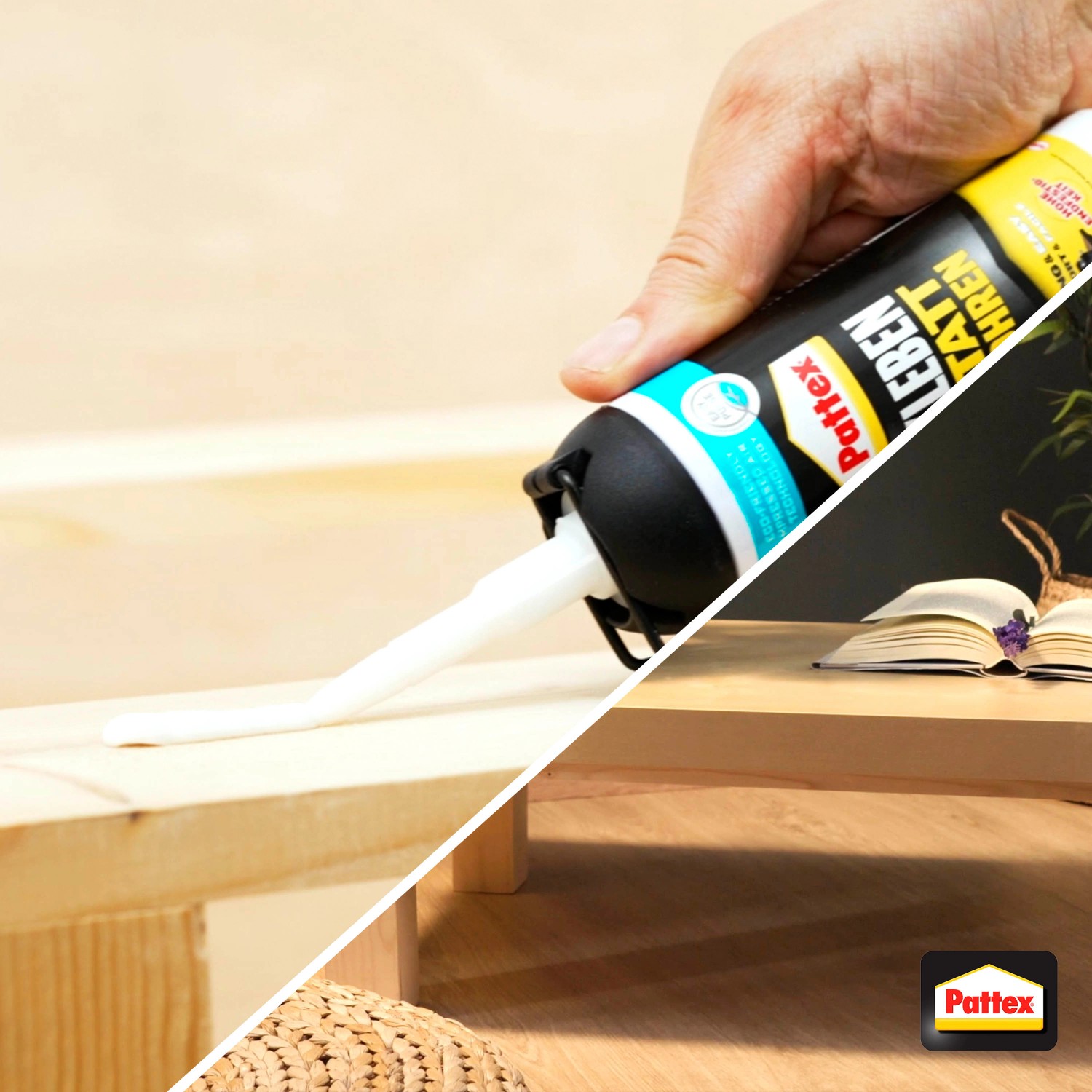 Auftragen von Pattex Montagekleber Kleben statt Bohren aus der Kartusche.