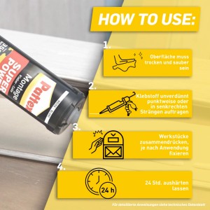 Pattex Montagekleber Super Power Kartusche mit Anwendungsanleitung.