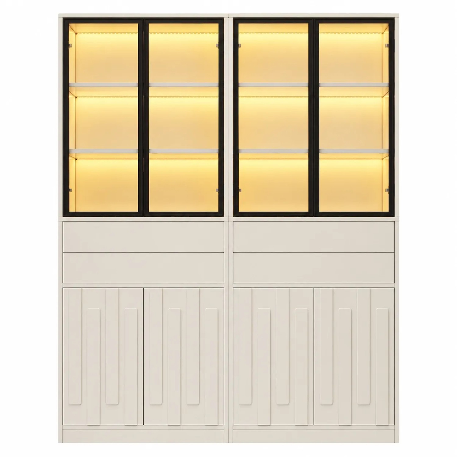 Merax Vitrine Set 2 Teilig mit LED Glastüren Schubladen Weiß