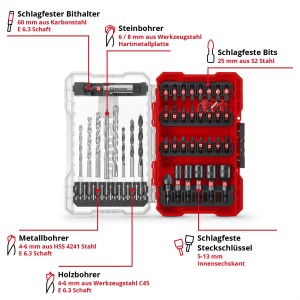 Einhell Impact-Bit-Set, 39-teilig, mit Bohrern und Bits in Aufbewahrungsbox.