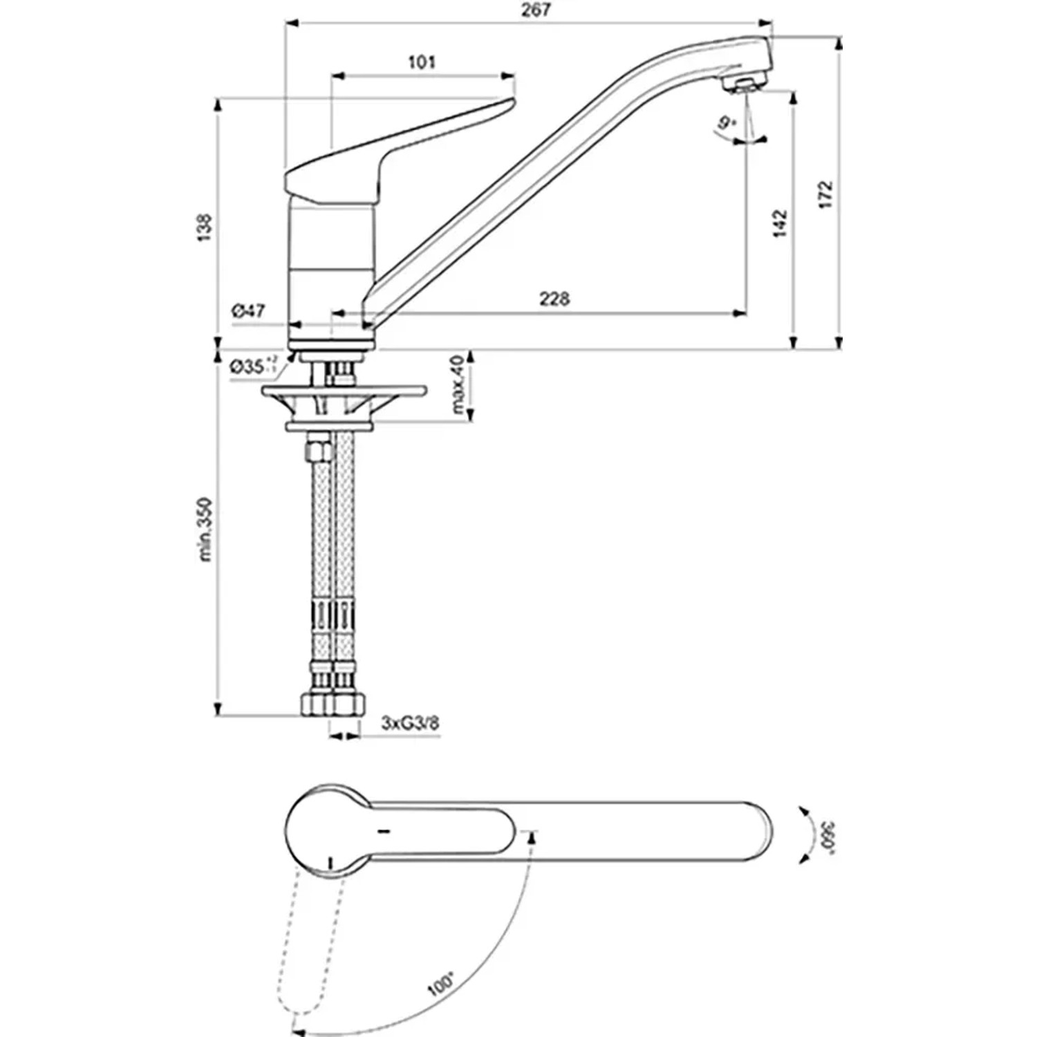Technische Zeichnung: Ideal Standard Ceraflex Küchenarmatur Niederdruck, Chrom, Maße und Details.