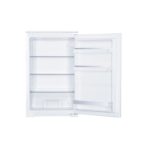 Offener, weißer Wolkenstein Einbaukühlschrank WKS135.0EEB mit Glasablagen und Gemüsefach.