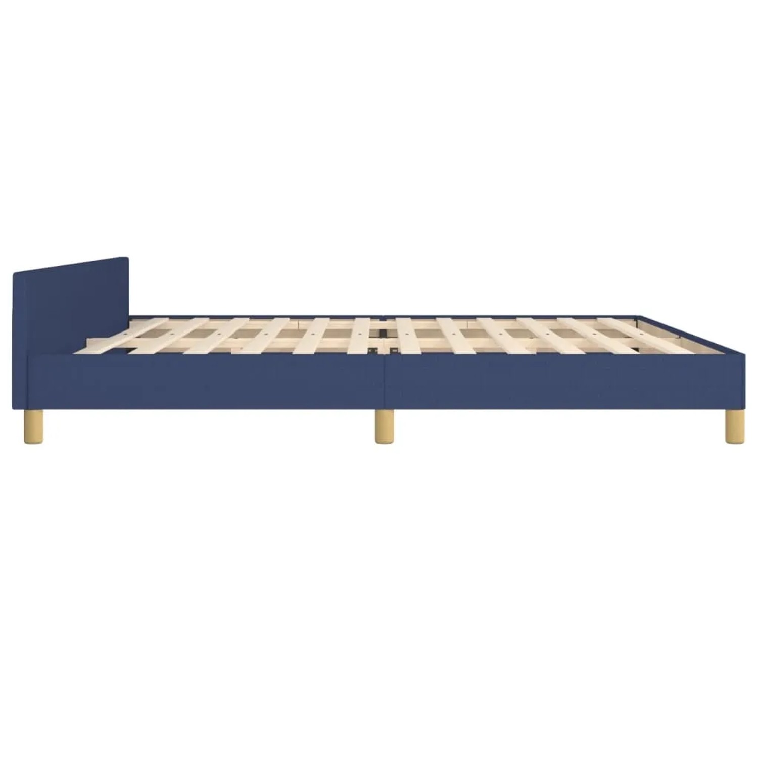 Blaues Stoff-Bettgestell (200x200 cm) mit Kopfteil und Holzlattenrost.