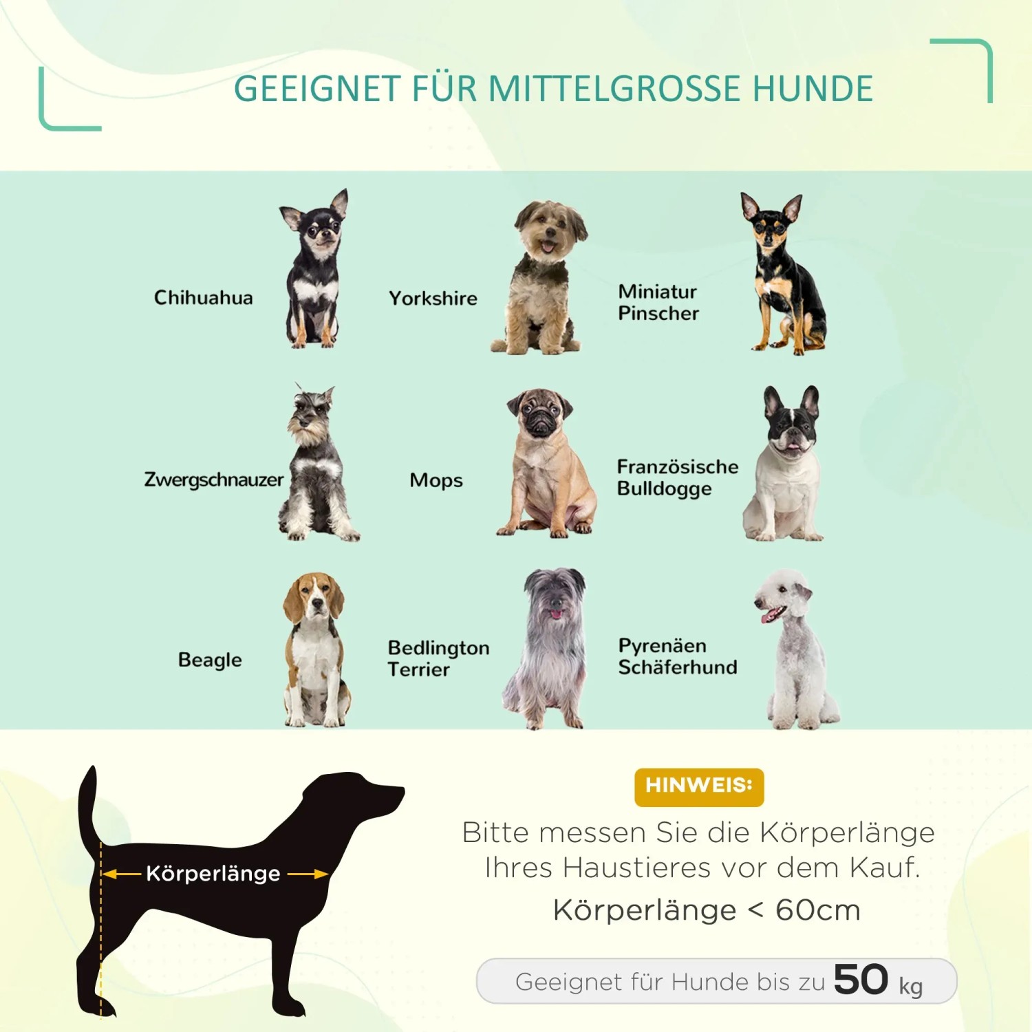 Infografik: Geeignete Hunderassen (Chihuahua, Mops, Beagle etc.) für PawHut Hundebett bis 50kg.