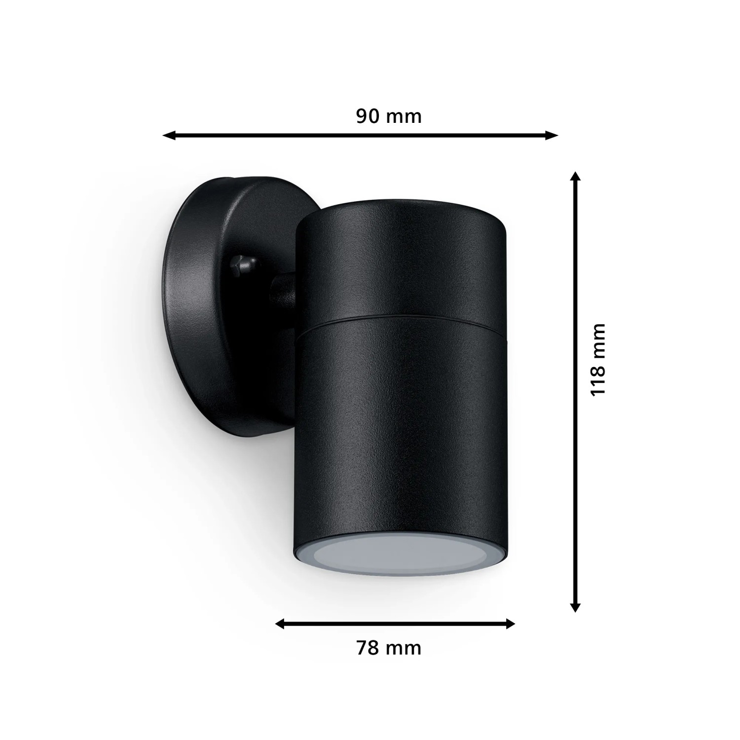 Schwarze Philips Kylis Außenwandleuchte aus Aluminium mit Maßangaben.