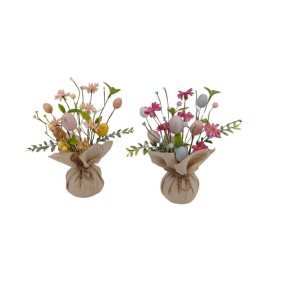 Zwei frühlingshafte Boltze Dekozweige Beryl, Kunstpflanzen mit Blüten und Ostereiern in Jute-Säckchen.