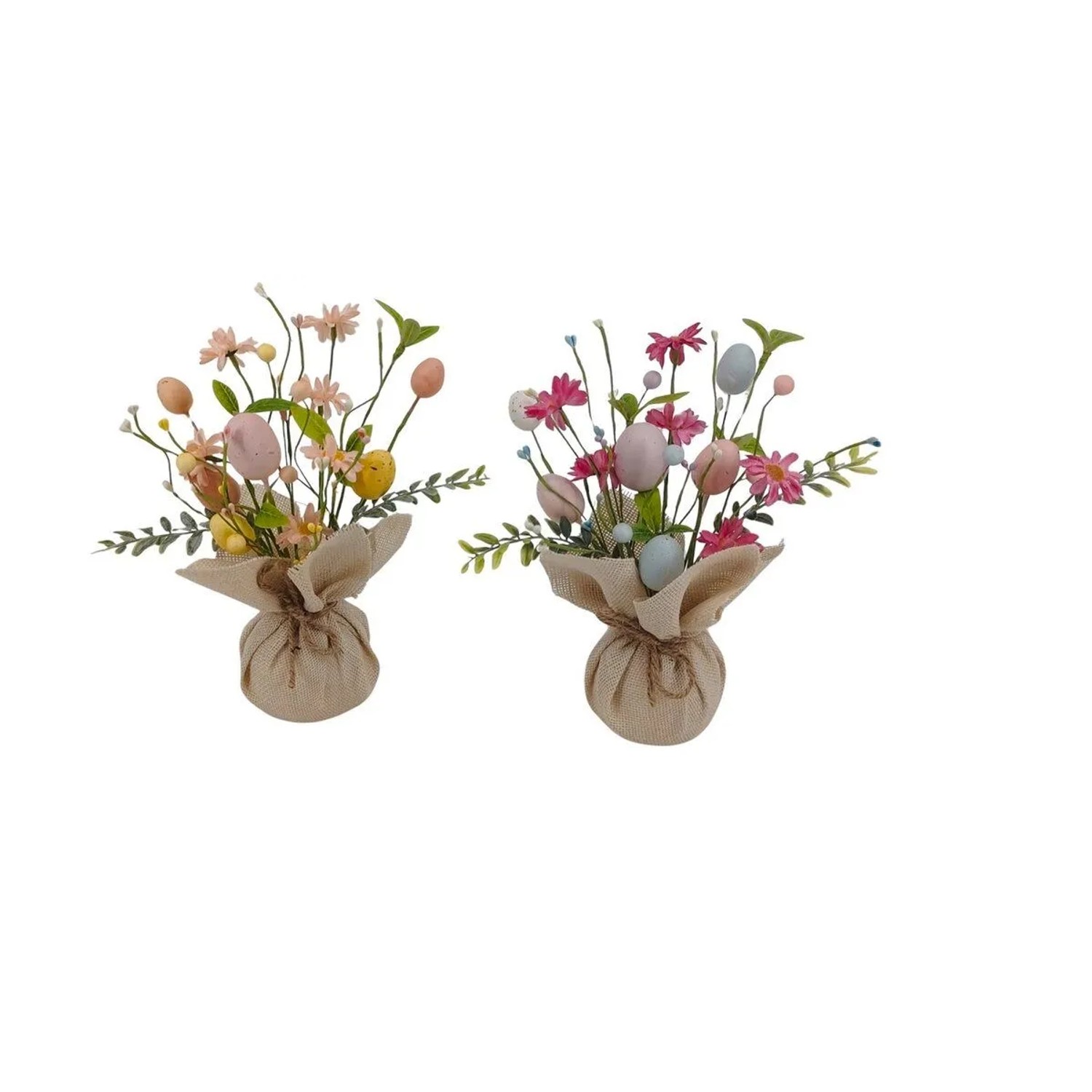 Zwei frühlingshafte Boltze Dekozweige Beryl, Kunstpflanzen mit Blüten und Ostereiern in Jute-Säckchen.