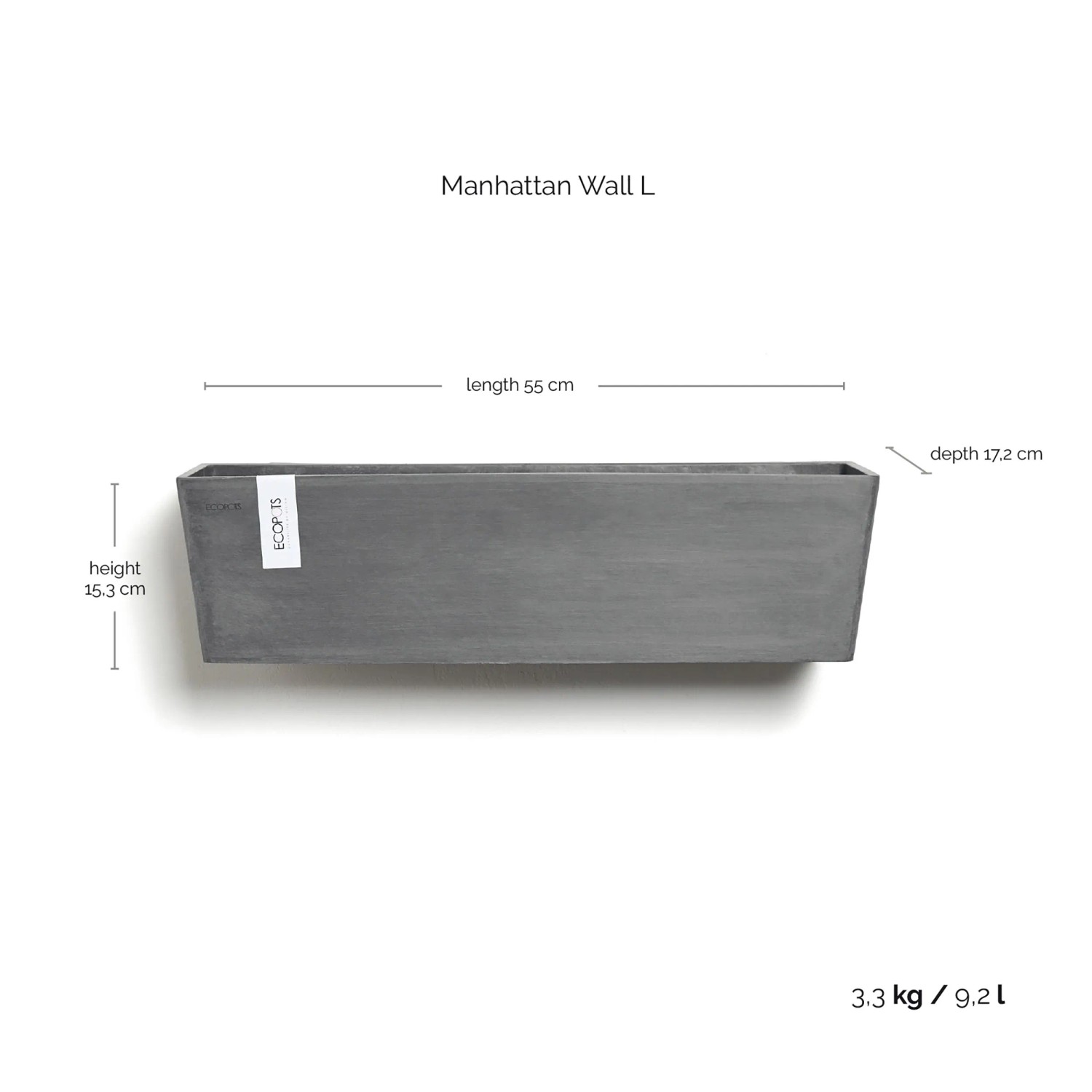 Ecopots Manhattan Wall L Hängetopf, grau, 55x15cm. Ideal für vertikale Gärten.