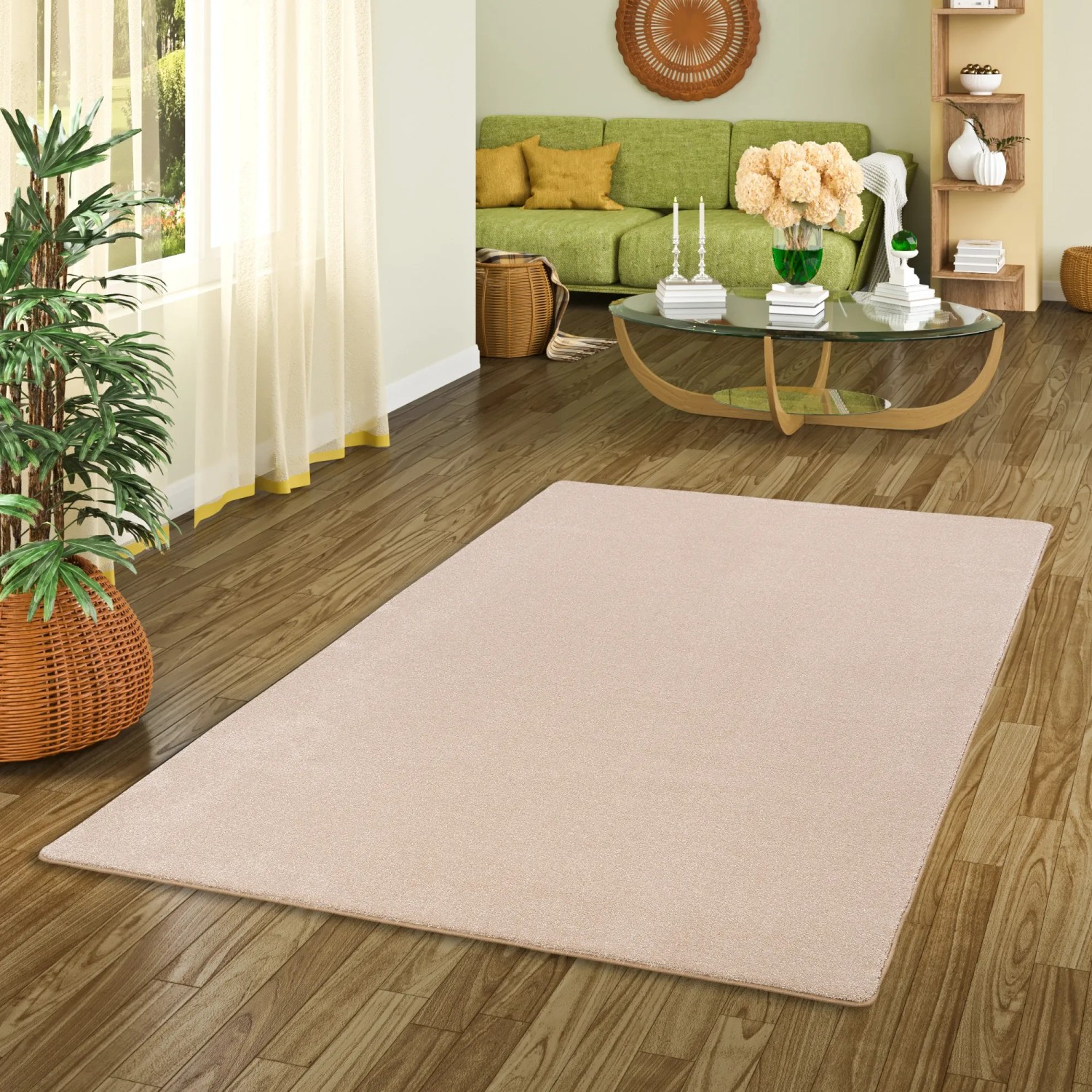 Beiger Snapstyle Hochflor Teppich "Touch Natur", 100x300 cm, im Wohnzimmer.