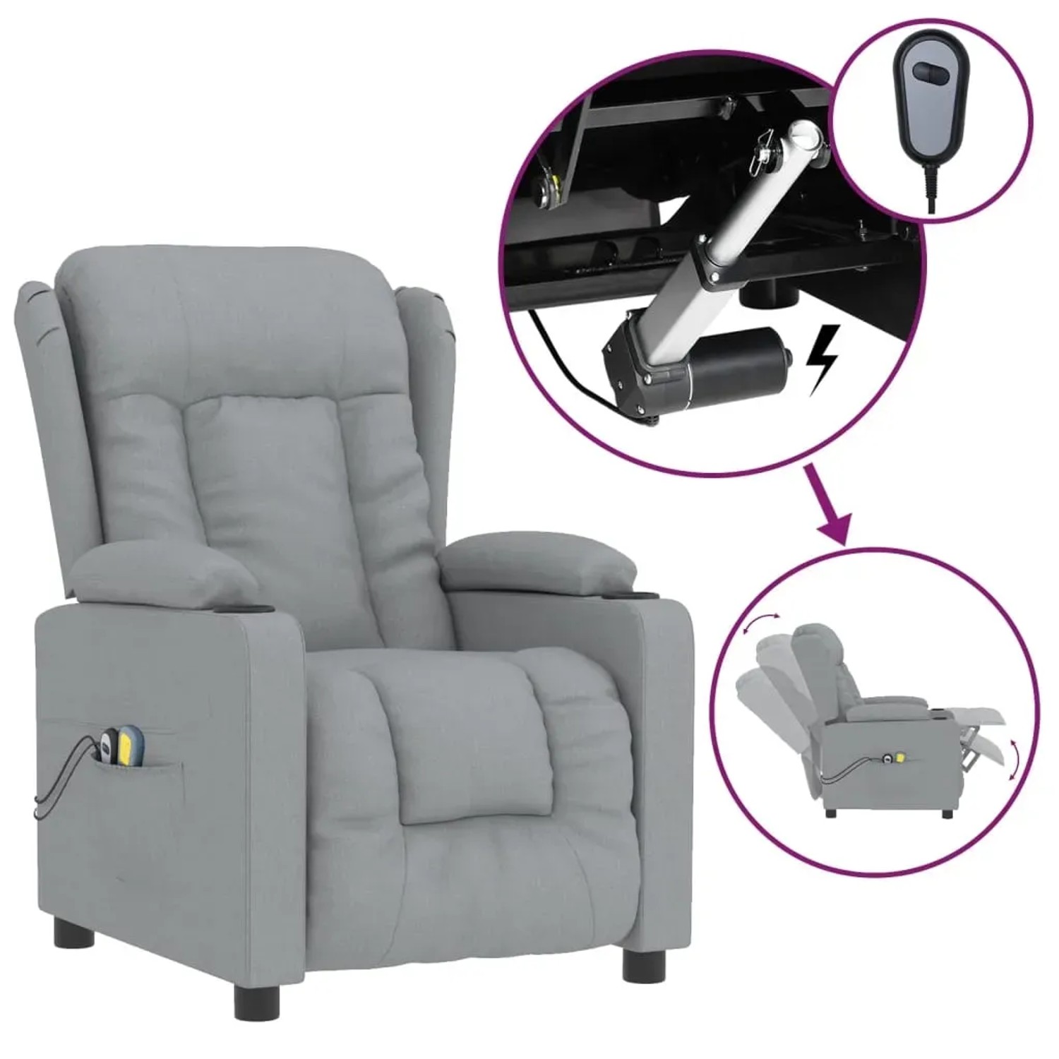 Hellgrauer elektrischer Massagesessel mit Getränkehaltern und Relaxfunktion.