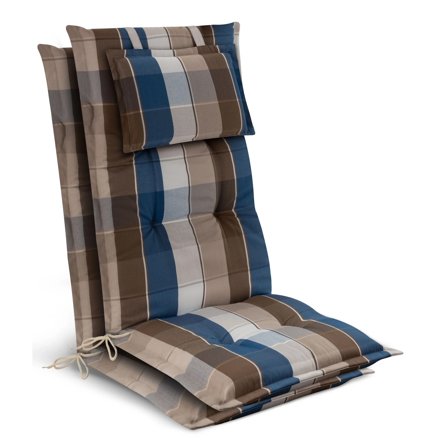 Beautissu 2x Gartenstuhlauflage Hochlehner 120x50x7cm Braun-Blau-Kariert