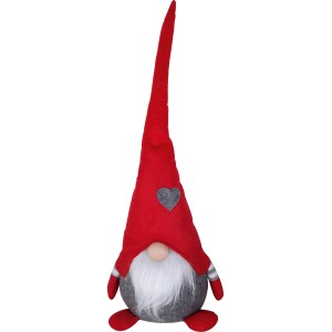 Stoff-Wichtel mit roter, langer Mütze und grauem Körper als Weihnachtsdekoration.