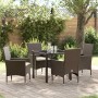 Braune 5-teilige vidaXL Garten Essgruppe aus Poly Rattan mit Tisch und Stühlen inklusive Kissen.