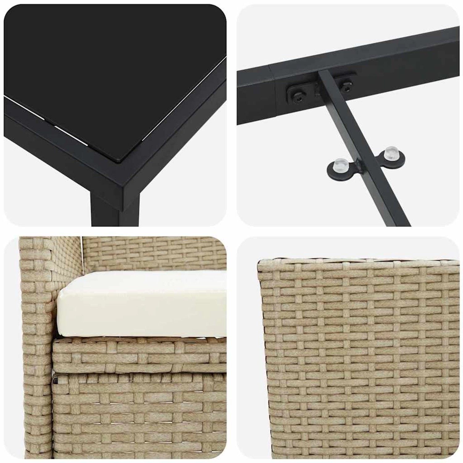Detailansichten der beigen vidaXL Garten Essgruppe: Tischplatte, Stuhlgeflecht, Kissen und Tischgestell.