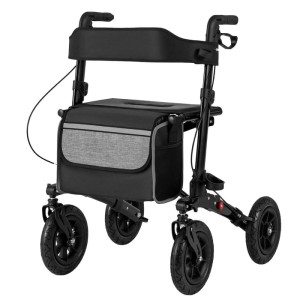 Schwarzer Costway Rollator mit Luftbereifung, faltbar und höhenverstellbar.