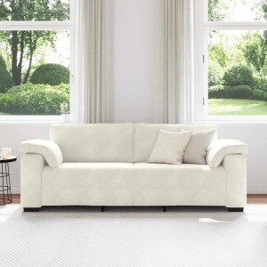 Cremefarbenes 3-Sitzer Sofa (178 cm) aus Samt mit Kissen. Gemütliches Wohnzimmer-Sofa.