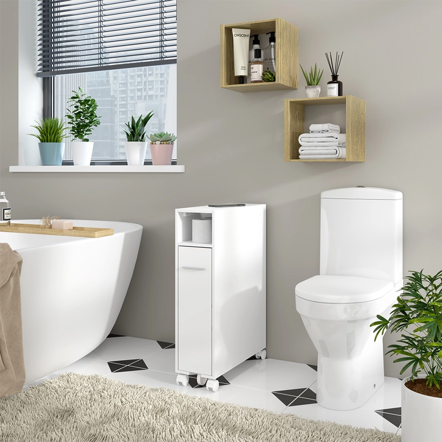 Vicco Toilettenschrank Niva, weiß, 18x71 cm, mit Ausziehfach. Badregal für mehr Stauraum im Bad.