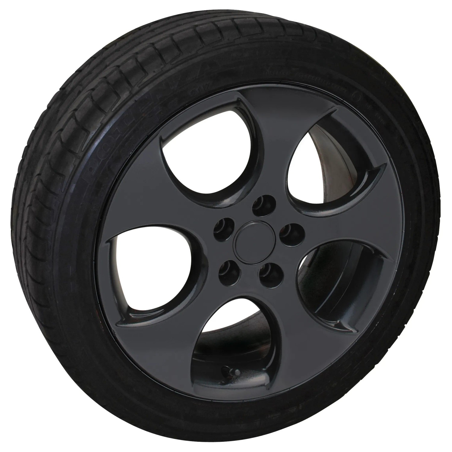Glanz-schwarze Felge mit Reifen, behandelt mit Foliatec Sprühfolie (2er-Set).