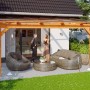 Skan Holz Terrassenüberdachung Ancona, 541x350 cm, Leimholz Eiche hell mit Sitzgruppe.