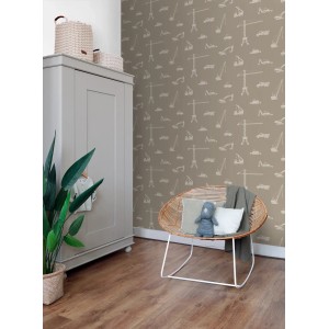 ESTAhome Vliestapete Fahrzeuge Taupe (50x900cm) im Kinderzimmer mit Baufahrzeug-Motiv.