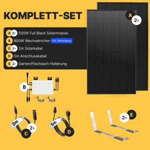 Solakon Balkonkraftwerk 1000W Solaranlage mit Gartenhalterung Steckerfertig Komplettset Photovoltaik 800W Kabellänge 5m