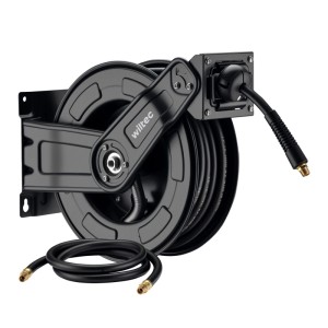Robuste Wiltec Druckluft Schlauchtrommel 20m, schwarz, mit Wandhalterung und aufgerolltem Schlauch. Zubehör für Kompressoren.