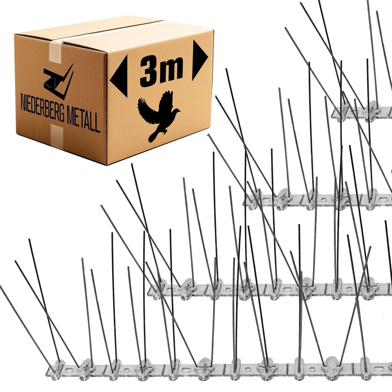 Niederberg Metall Taubenspikes 3 m Vogelabwehr Spikes mit Kunststoffleiste - Taubenschutz Vogelspikes, 50x1,3x11,5 cm, Vogelspikes aus Edelstahl für Balkon, Dach, Fensterbank & Garten