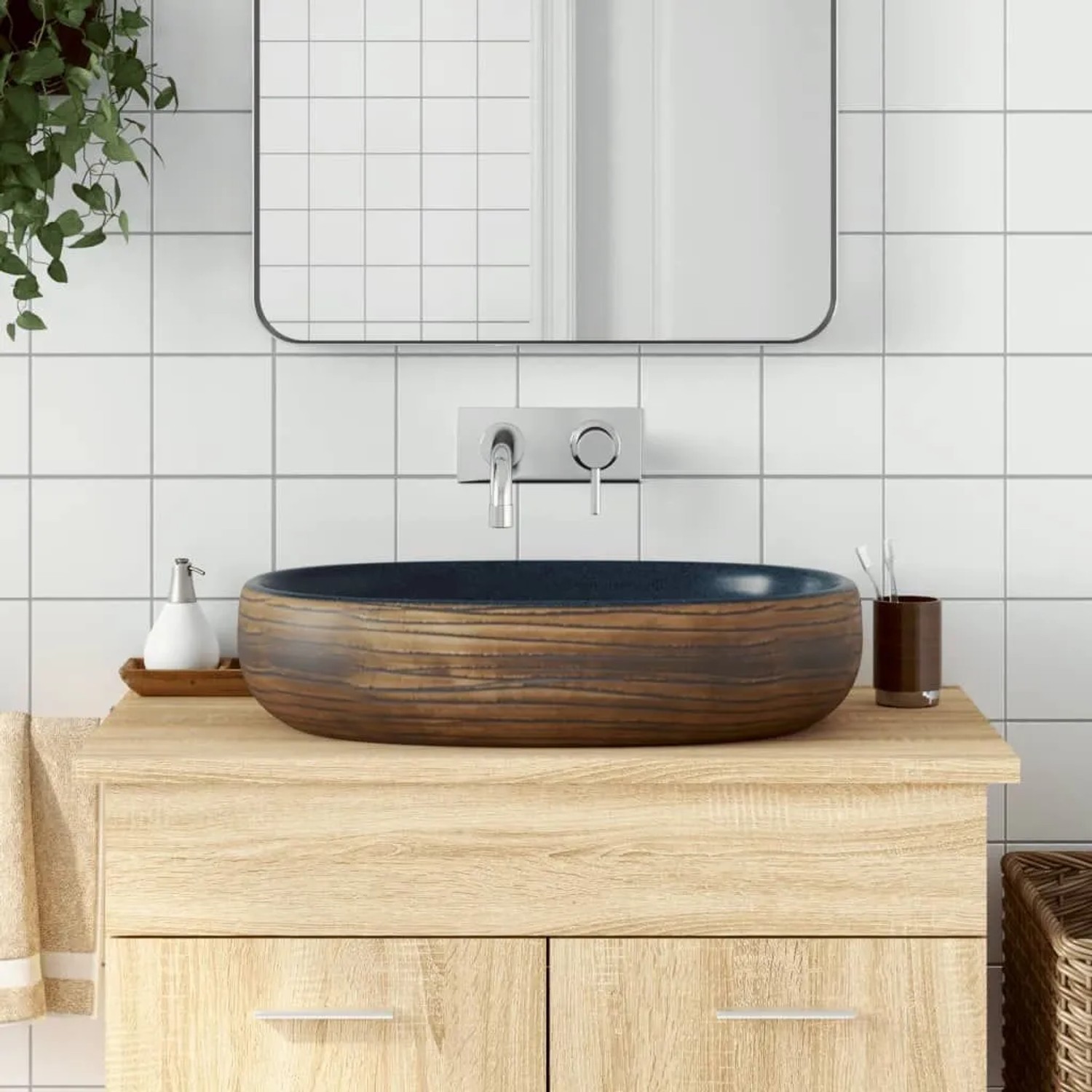vidaXL Aufsatzwaschbecken Braun und Blau Oval 59x40x14 cm Keramik 155100_2