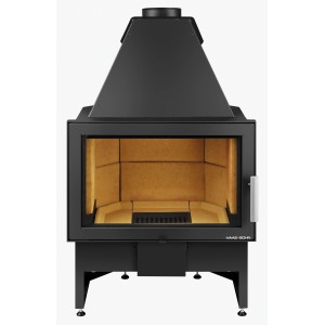 Schwarzer Haas+Sohn Kaminofen Komfort IV, 8 kW, mit Stahlverkleidung und gerader Scheibe.