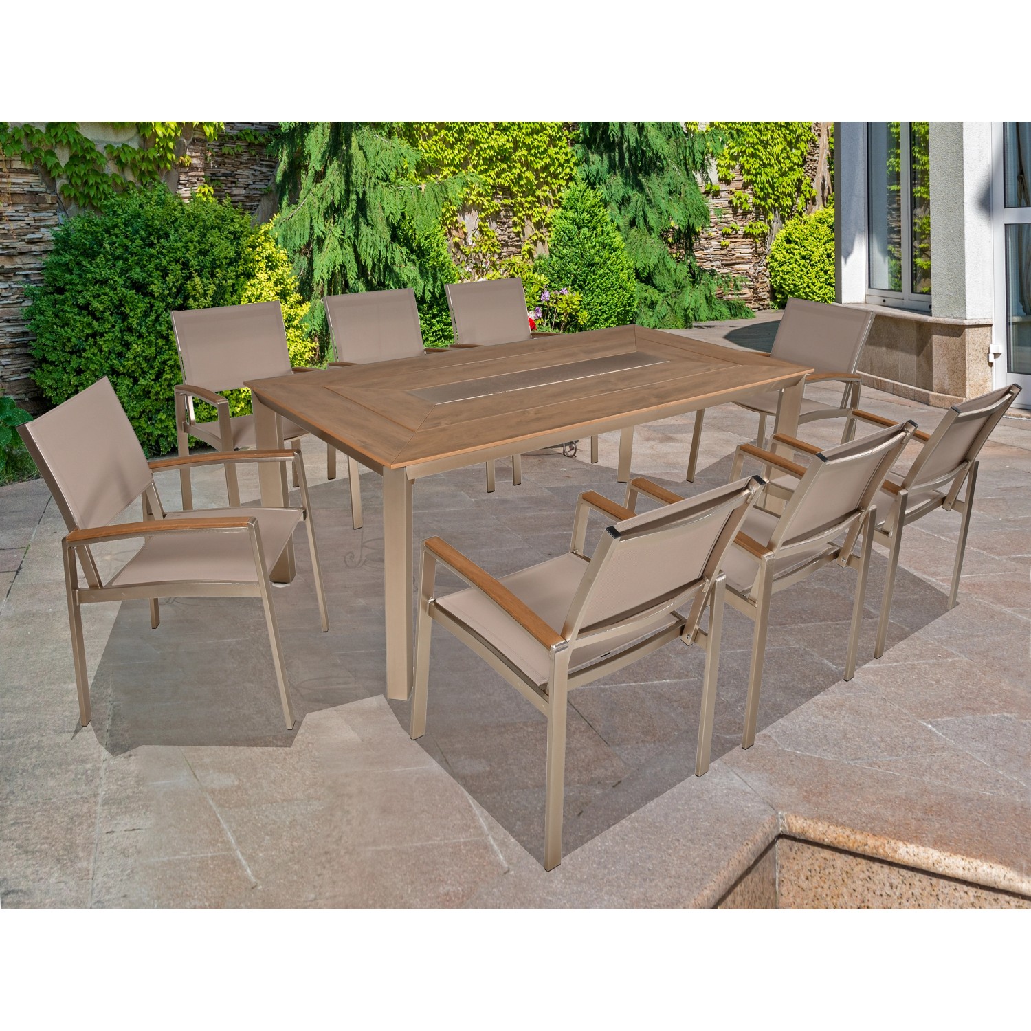 7-teiliges Gartenmöbel-Set Florence in Champagner: Tisch mit Eisfächern und 6 Stühle.