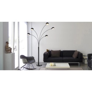 Schwarze, 5-flammige Globo Seymour Design-Stehlampe aus Metall und Marmor, 200 cm hoch.