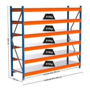 PROREGAL Industrie Weitspannregal MAXIMUS PRO Grundregal, blau/orange, mit 6 Stahlplatten-Fachböden und Maßangaben.