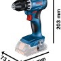 Bosch Professional Akku-Bohrschrauber GSR 18V-45 mit Akku und Maßen.