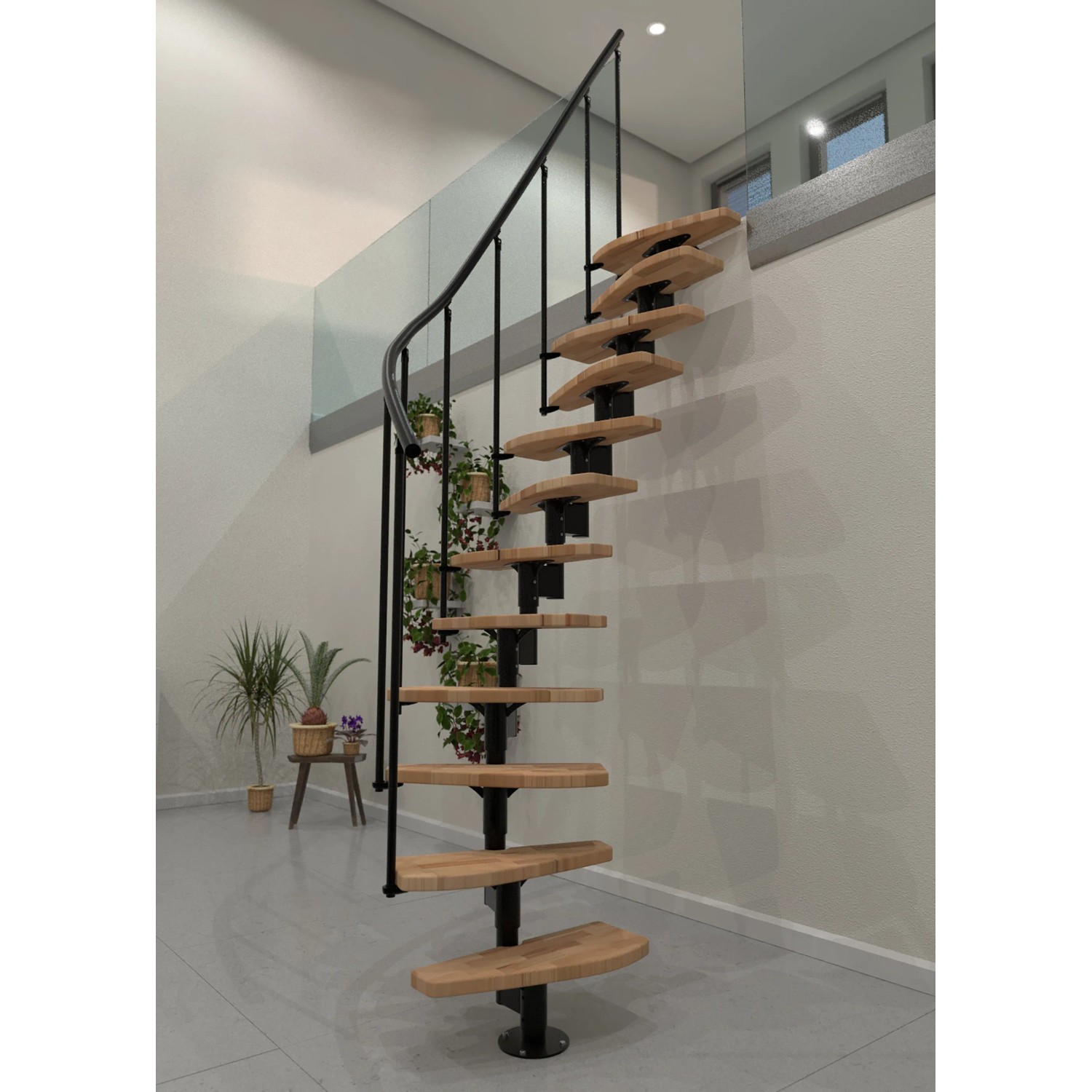 Minka Raumspartreppe Monte Carlo Buche-Schwarz, elegante Innentreppe mit Holzstufen und Metallgeländer.