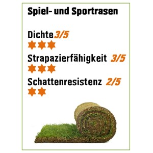 Rollrasen für Spiel & Sport, hohe Strapazierfähigkeit, unkrautfrei, einfache Pflege. Detailanzeige.