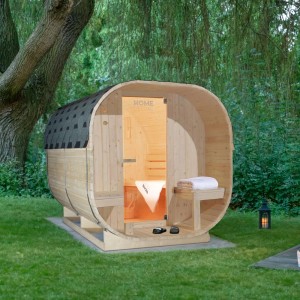 Home Deluxe Outdoor Sauna CUBE DELUXE L aus Fichtenholz mit Glastür und Dachschindeln für 4 Personen.