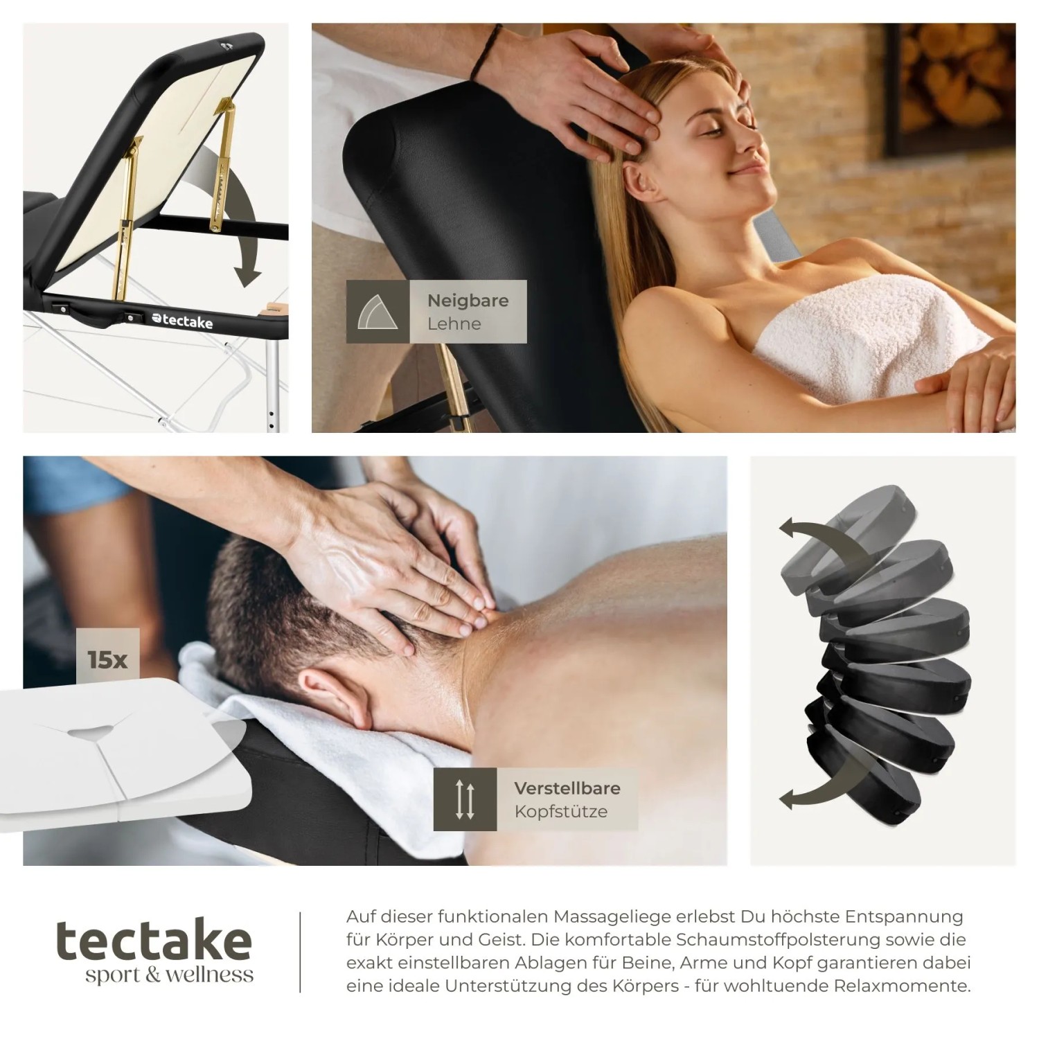 Tectake 3 Zonen Massageliege Ko Tao Breite 78 cm Polsterung 5 cm Inklusive Tragetasche und 15 Einwegtücher 212 x 108 x 90 cm Schwarz_7