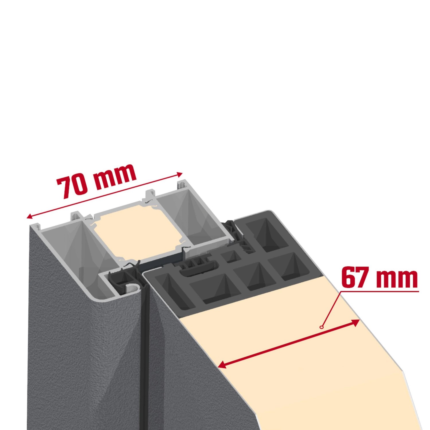 Detailaufnahme Splendoor Haustür Berlin Prime RC2: Schnittdarstellung mit Maßangaben (67/70mm).