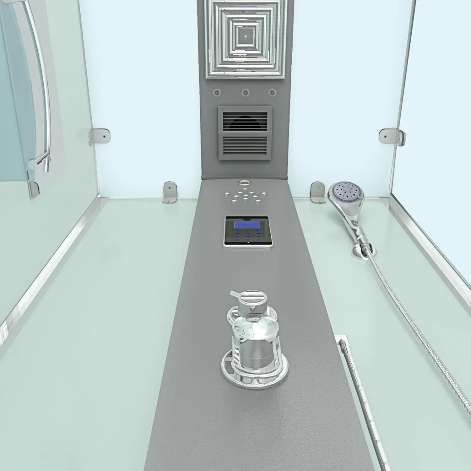 AquaVapore Komplettdusche 90x90 cm mit Armatur, Handbrause und Bedienelementen.