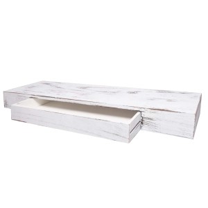 Weißes Shabby Chic Wandregal aus Massivholz mit offener Schublade. Modernes Schweberegal für Ihr Zuhause.