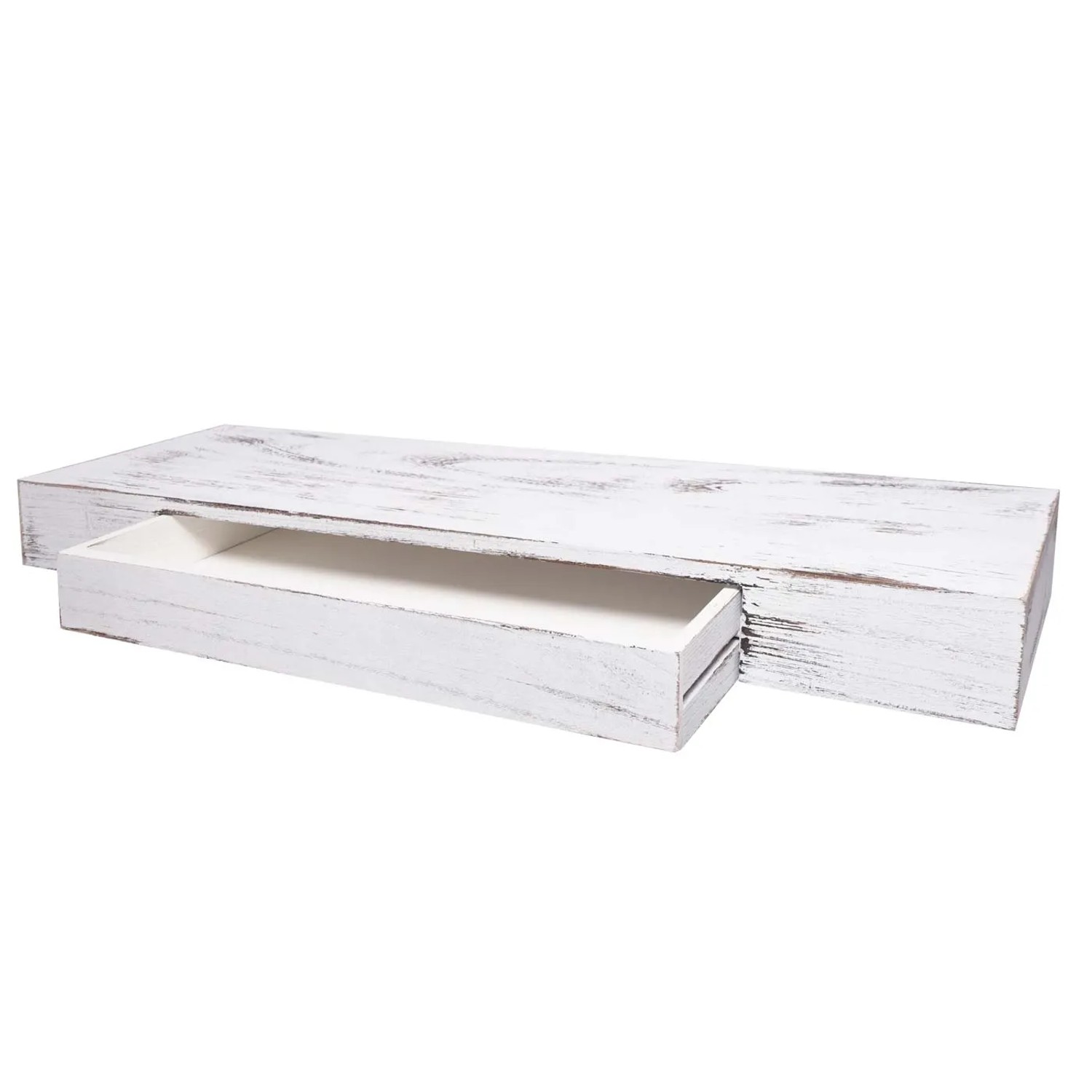 Weißes Shabby Chic Wandregal aus Massivholz mit offener Schublade. Modernes Schweberegal für Ihr Zuhause.