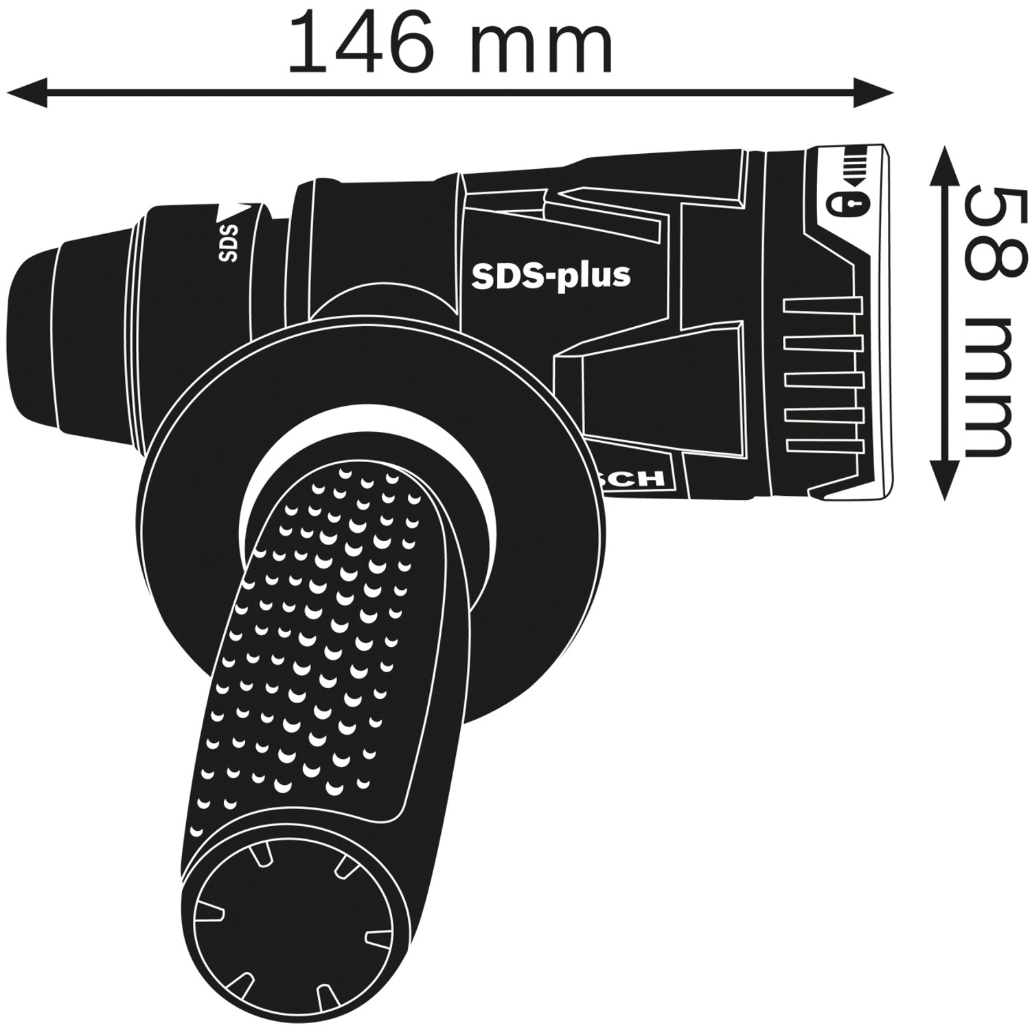 Abbildung des Bosch Professional GFA 18-H Bohrhammeraufsatzes mit Maßangaben.