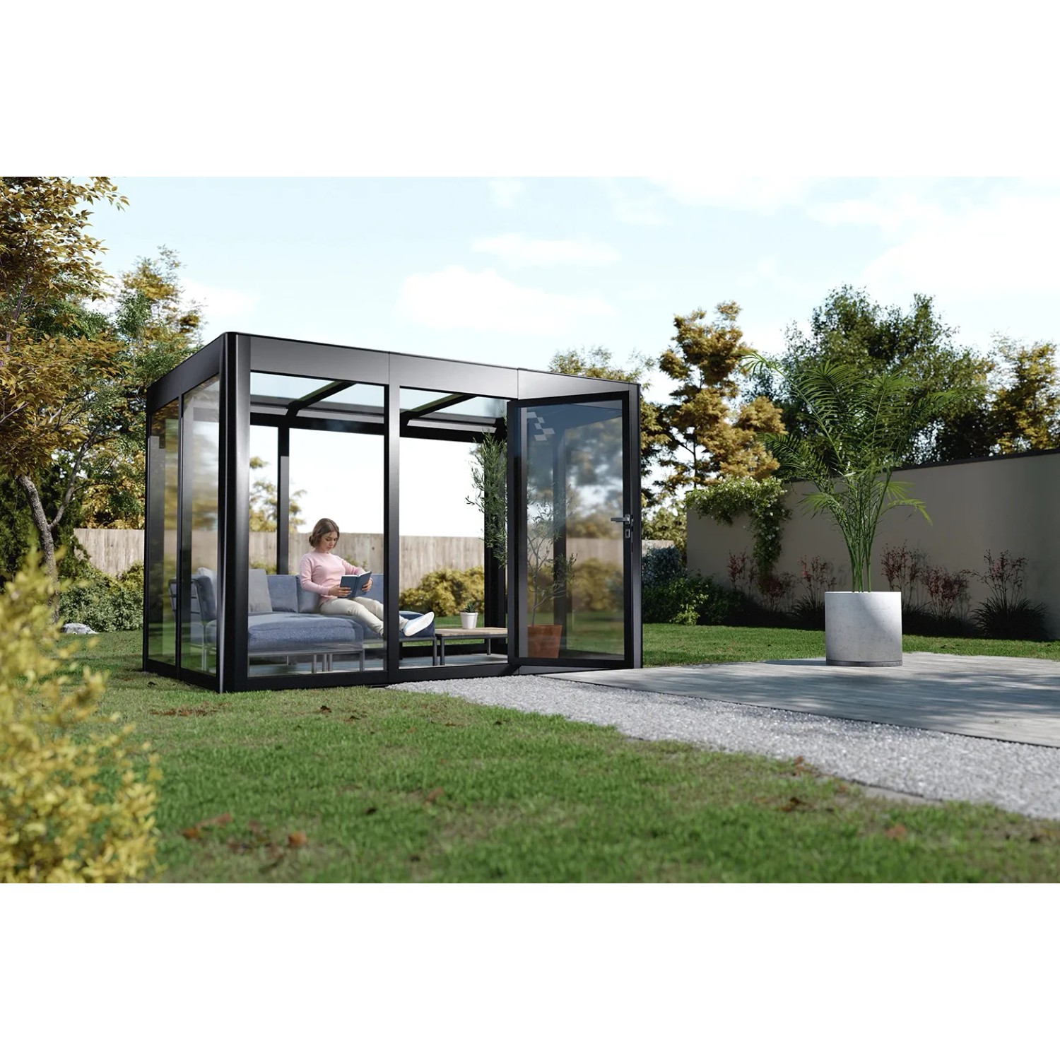 SunElements Gartenhaus SunGarden Infinity 3.2 in Anthrazit-Metallic mit Sitzbereich im Garten.