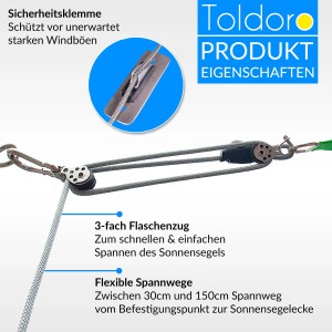 Toldoro 3-fach Flaschenzug mit Sicherheitsklemme zum Spannen von Sonnensegeln.