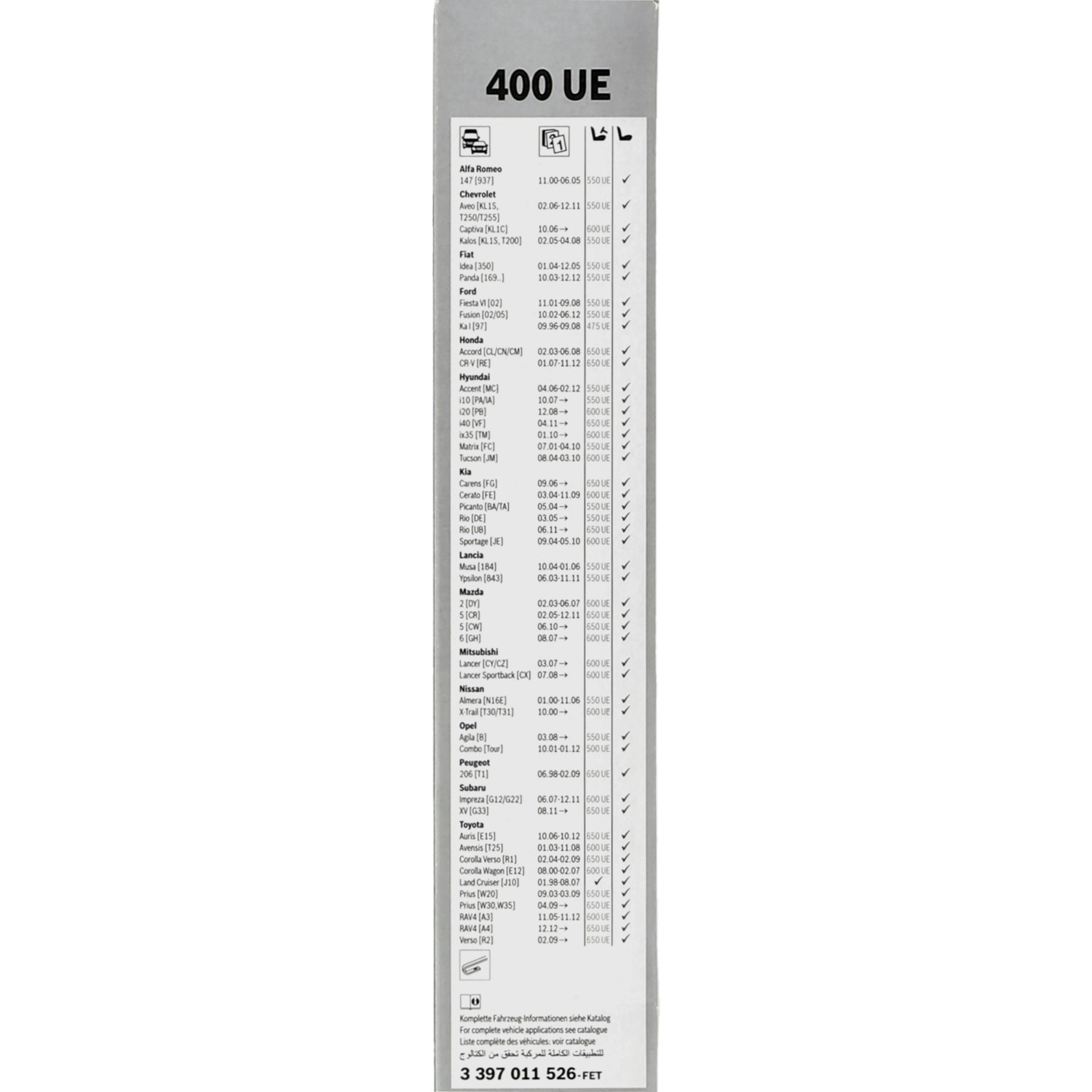 BOSCH Wischblatt ClassicWiper 400UE, Kompatibilitätsliste auf der Verpackung.